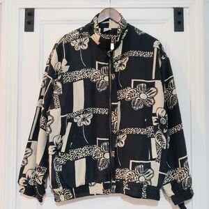 Fuda Silk Full Zip Jacket Womens L Black Beige Floral Leopard Print Lined Retro